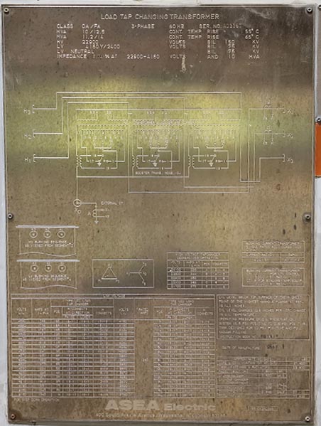 10/14 MVA, 22900-4160Y/2400 LOAD TAP CHANGING TRANSFORMER BY ASEA ELECTRIC