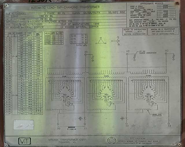 7.5/10.5 MVA, 22900D-4160Y/2400, LOAD TAP CHANGING TRANSFORMER BY VIRGINIA
