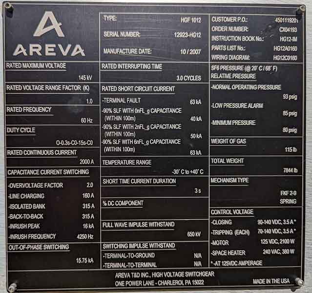 2000 AMP, 145 KV, 125 VDC C&T, AREVA SF6 CIRCUIT BREAKER