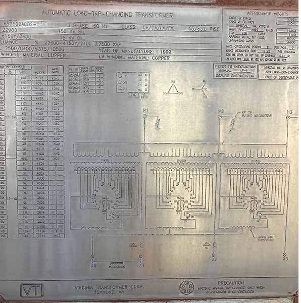 7500/10500 KVA, 22900D-4160Y/2400, LOAD TAP CHANGING VIRGINIA TRANSFORMER