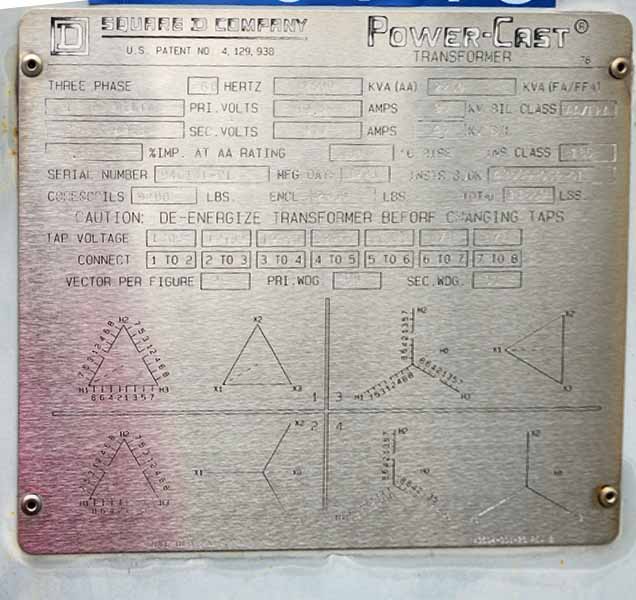1500 KVA, 12470D-2300Y/1328 SQUARE D CAST COIL COPPER DRY TYPE TRANSFORMER