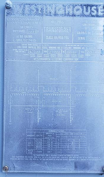 10/12.5/16.7 MVA, PRI 69000D, SEC 13800Y WESTINGHOUSE SUBSTATION TRANSFORMER
