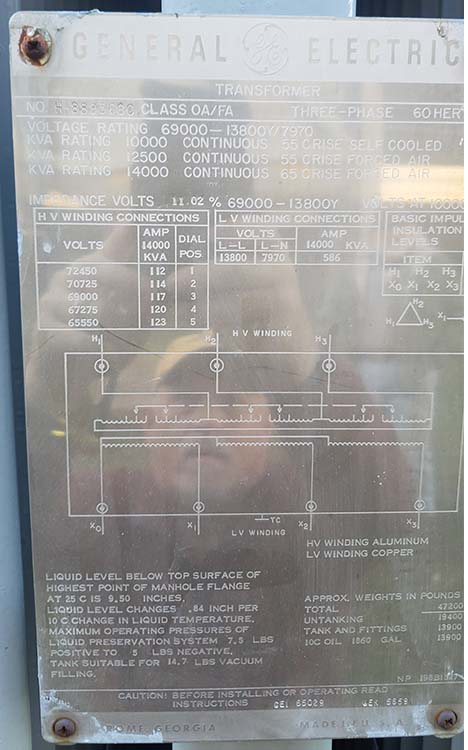 10/14 MVA, PRI 69000D, SEC 13800Y/7970 GENERAL ELECTRIC SUBSTATION TRANSFORMER:2