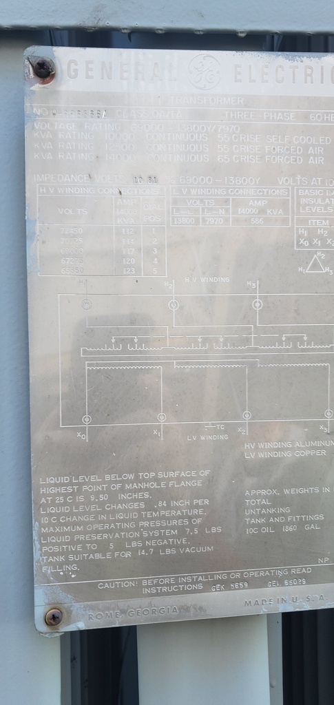 10/14 MVA, PRI 69000D, SEC 13800Y/7970 GENERAL ELECTRIC SUBSTATION TRANSFORMER:2