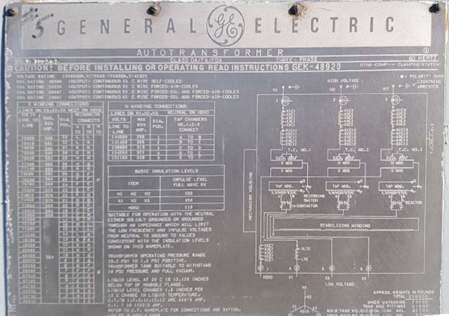 40/67 MVA, PRI 138000GDRY, SEC 72600GRDY GENERAL ELECTRIC AUTOTRANSFORMER:2