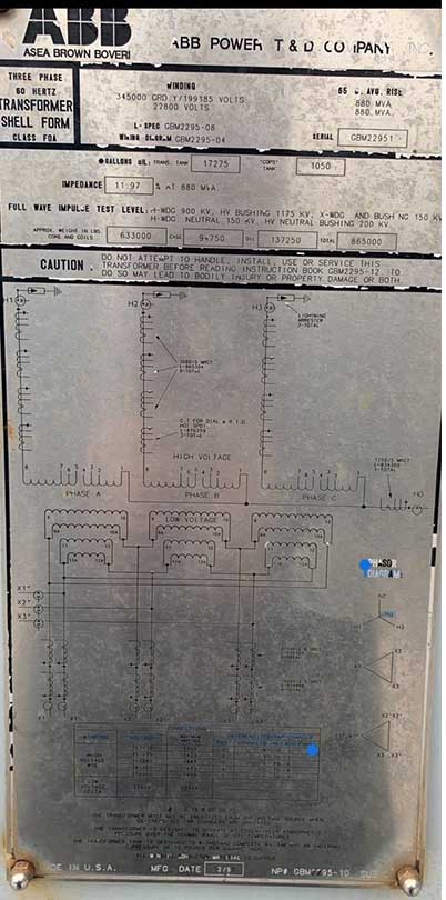 880 MVA, Pri 345000 GRDY,Sec 22800 DELTA, ABB GSU SUBSTATION TRANSFORMER