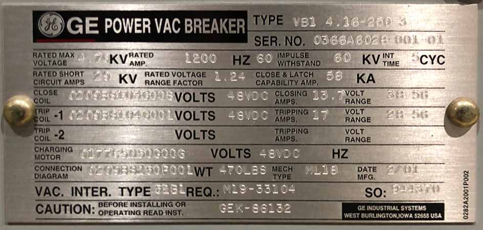 1200 Amp, 4760V, GENERAL ELECTRIC POWER VAC BREAKER****PARTS ONLY****