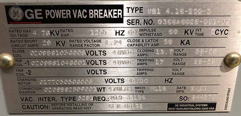 1200 Amp, 4760V, GENERAL ELECTRIC POWER VAC BREAKER****PARTS ONLY****