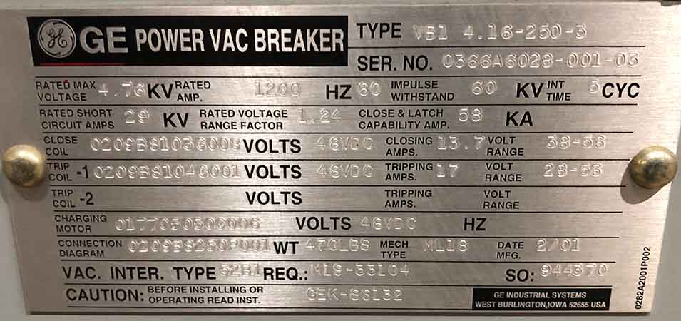 1200 Amp, 4760V, GENERAL ELECTRIC POWER VAC BREAKER****PARTS ONLY****