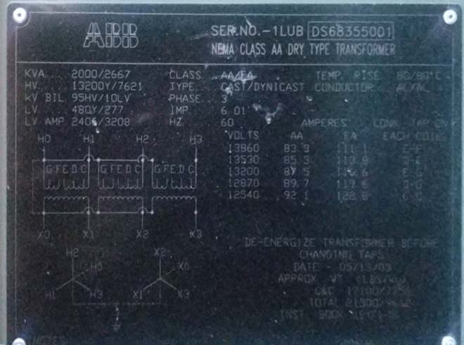 2000/2667 KVA, Pri 13200Y, Sec 480Y/277, ABB, CAST/DYNICAST, DRY TYPE TRANSFORMER, N3R LF/RF