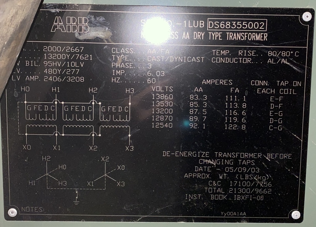 2000/2667 KVA, Pri 13200Y, Sec 480Y/277, ABB, CAST/DYNICAST, DRY TYPE TRANSFORMER, N3R LF/RF