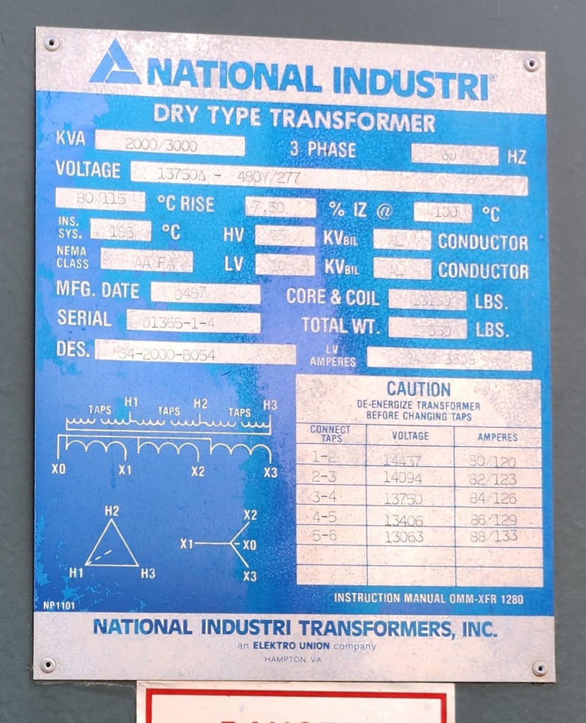 2000/3000 KVA, Pri 13750D, Sec 480Y/277 NATIONAL INDUSTRIES DRY TYPE TRANSFORMER, N3R