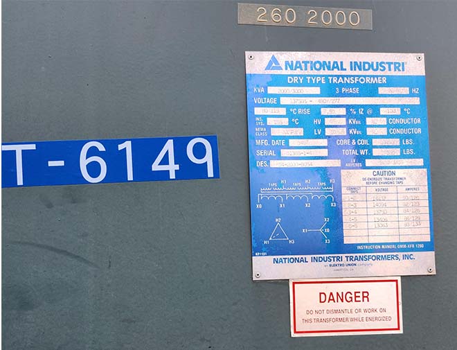 2000/3000 KVA, Pri 13750D, Sec 480Y/277 NATIONAL INDUSTRIES DRY TYPE TRANSFORMER, N3R