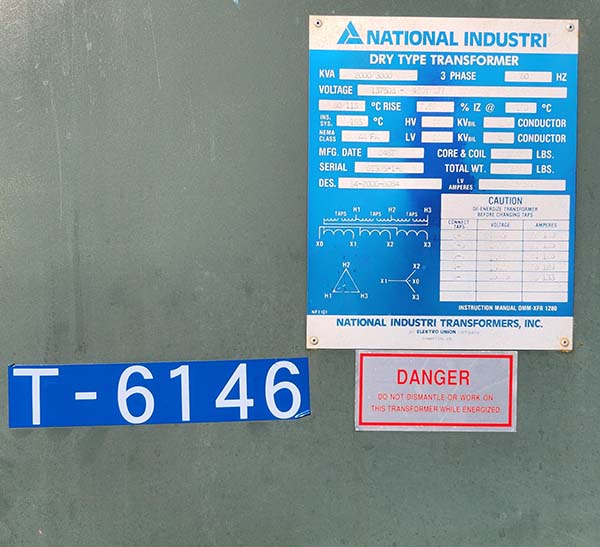 2000/3000 KVA, Pri 13750D Sec 480Y/277 NATIONAL INDUSTRIES DRY TYPE TRANSFORMER, N3R