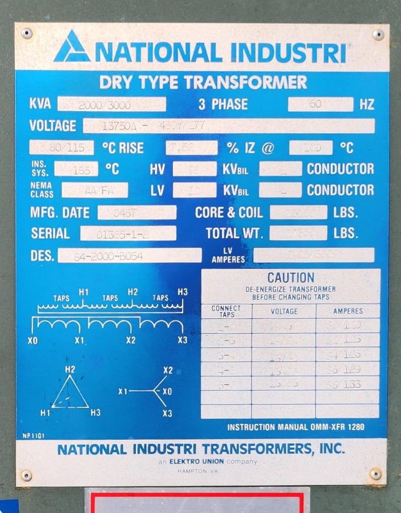 2000/3000 KVA, Pri 13750D Sec 480Y/277 NATIONAL INDUSTRIES DRY TYPE TRANSFORMER, N3R