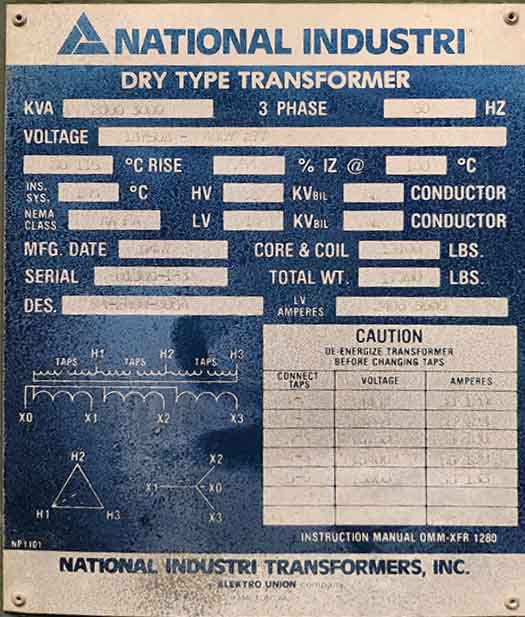 2000/3000 KVA, Pri 13750D Sec 480Y/277, NATIONAL INDUSTRIES DRY TYPE TRANSFORMER, N3R
