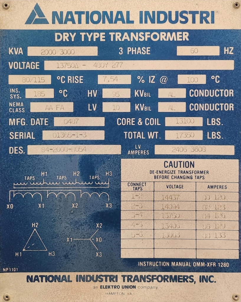 2000/3000 KVA, Pri 13750D Sec 480Y/277, NATIONAL INDUSTRIES DRY TYPE TRANSFORMER, N3R