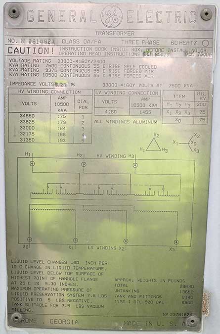 7500/9375/10.5 KVA, Pri 33000 D, Sec 4160Y/2400, GENERAL ELECTRIC