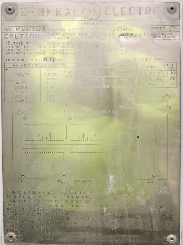 7500/9375/10.5 KVA, Pri 33000 D, Sec 4160Y/2400, GENERAL ELECTRIC