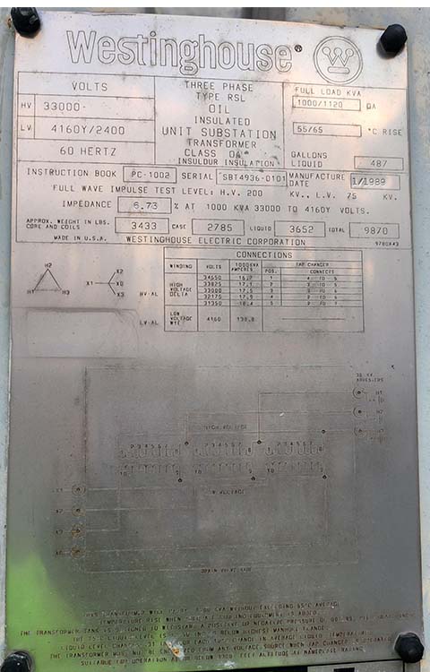 1000/1120 KVA, Pri 33000 D, Sec 4160Y/2400, WESTINGHOUSE TRANSFORMER