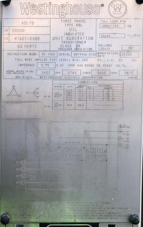 1000/1120 KVA, Pri 33000 D, Sec 4160Y/2400, WESTINGHOUSE TRANSFORMER