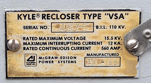 560 AMP, 15.5 KV KYLE VSA RECLOSER
