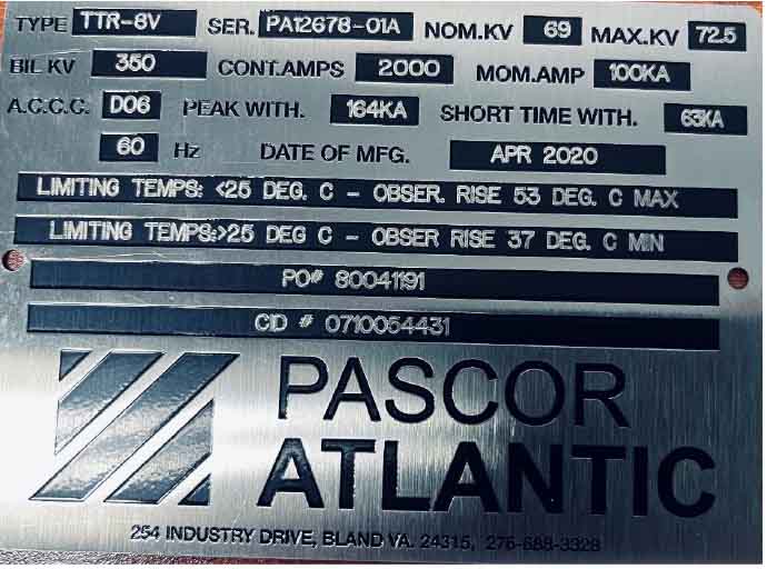 2000 Amp, PASCOR, No. TTR-8V, 69000 V GANG OPERATED DISCONNECT SWITCH