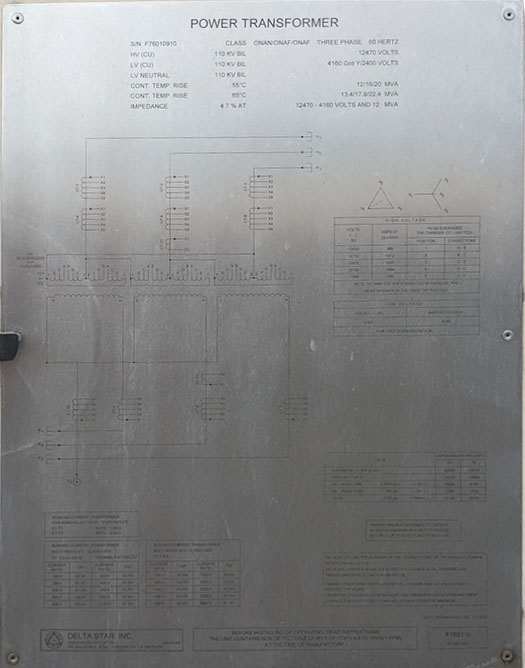 12/16/20/22.4 MVA, Pri 12470 D, Sec 4160 Y, DELTA STAR SUBSTATION TRANSFORMER