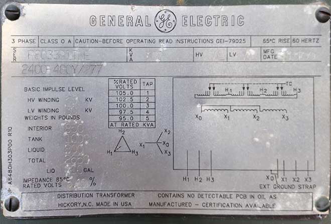 300 KVA, Pri 2400 D, Sec 480Y/244 GENERAL ELECTRIC PADMOUNT TRANSFORMER LF/RF