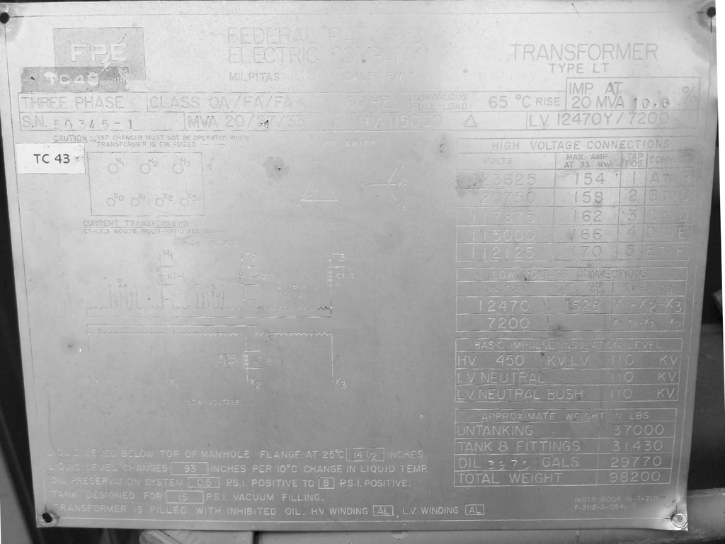 20/27/33 KVA, Pri 115000D, Sec 12470Y/7200 FEDERAL PACIFIC SUBSTATION TRANSFORMER