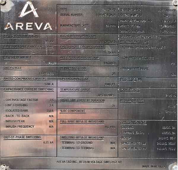 1200 Amp, AREVA, EOX-15, 15000 V., SUBSTATION VACUUM BREAKER