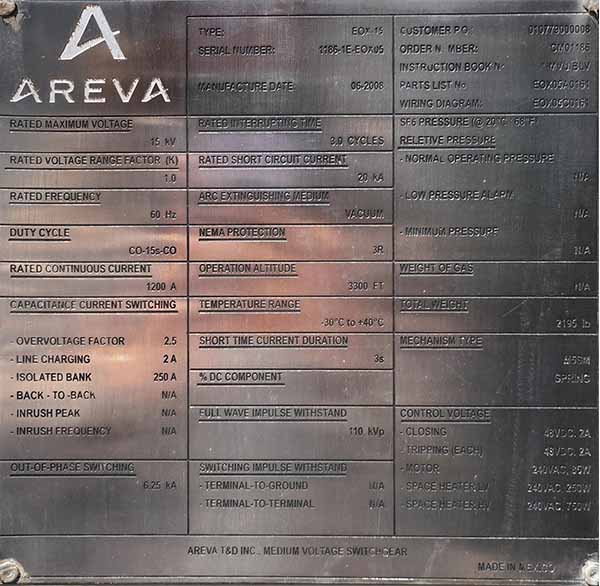 1200 Amp, AREVA, EOX-15, 15000 V., SUBSTATION VACUUM BREAKER