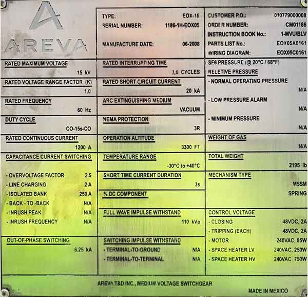 1200 Amp, AREVA, EOX-15, 15000 V., SUBSTATION VACUUM BREAKER