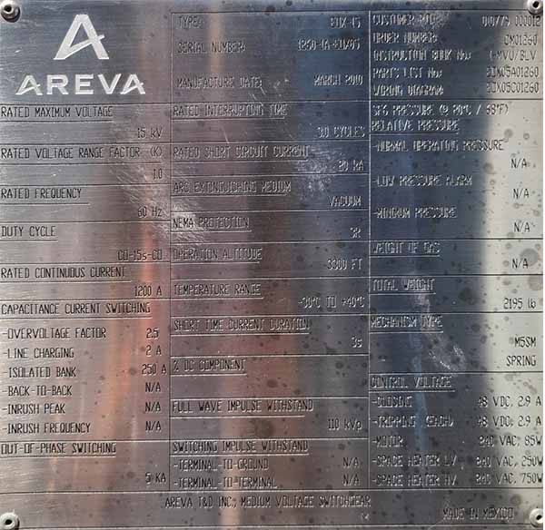 1200 Amp, AREVA, EOX-15, 15000 V., SUBSTATION VACUUM BREAKER
