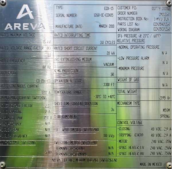 1200 Amp, AREVA, EOX-15, 15000 V., SUBSTATION VACUUM BREAKER