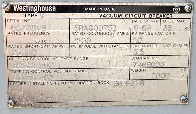 1200 Amp, WESTINGHOUSE, V, 38000 V., SUBSTATION VACUUM BREAKER