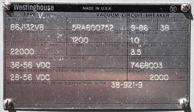 1200 Amp, WESTINGHOUSE, V, 38000 V., SUBSTATION VACUUM BREAKER