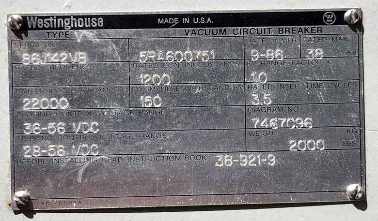 1200 Amp, WESTINGHOUSE, V, 38000 V., SUBSTATION VACUUM BREAKER