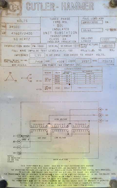 2850 KVA, Pri 34500 D, Sec 4160 Y, CUTLER HAMMER SUBSTATION TRANSFORMER