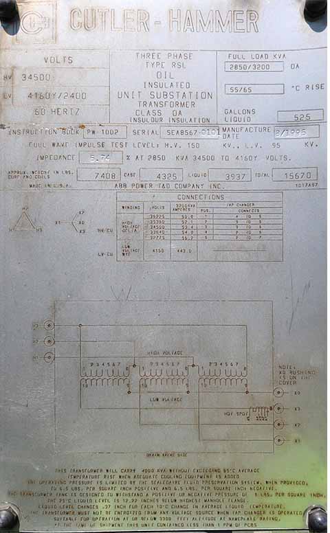 2850 KVA, Pri 34500 D, Sec 4160 Y, CUTLER HAMMER SUBSTATION TRANSFORMER