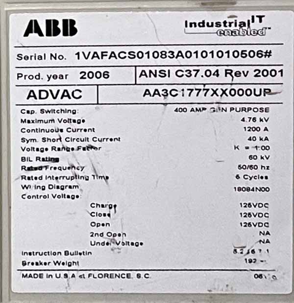 1200 Amp, ABB, ADVAC, 4760 V., CIRCUIT BREAKER FEEDER