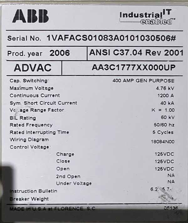 1200 Amp, ABB, ADVAC, 4760 V., CIRCUIT BREAKER FEEDER