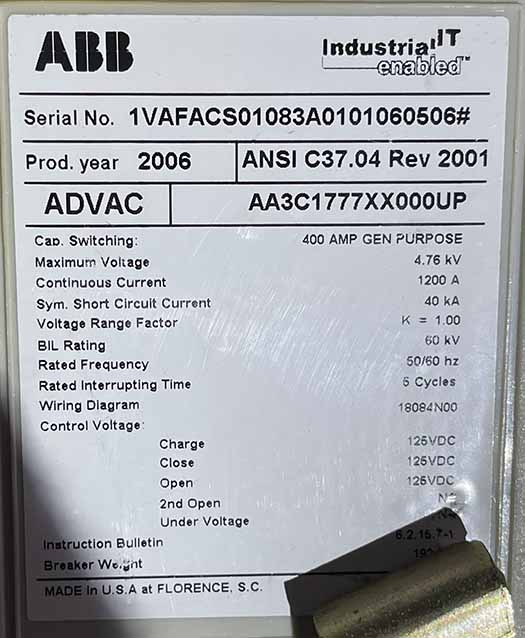 1200 Amp, ABB, ADVAC, 4760 V., CIRCUIT BREAKER FEEDER