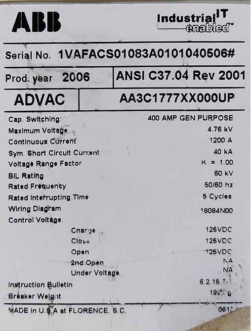 1200 Amp, ABB, ADVAC, 4750 V., CIRCUIT BREAKER FEEDER