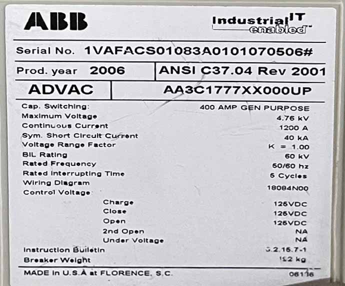 1200 Amp, ABB, ADVAC, 4760 V., CIRCUIT BREAKER FEEDER