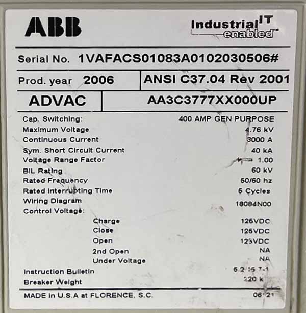3000 Amp, ABB, ADVAC, 4760 V., MTM CIRCUIT BREAKER- DRAW OUT