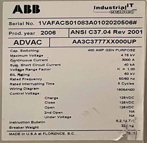 3000 Amp, ABB, ADVAC, 4760 V., MTM CIRCUIT BREAKER- DRAW OUT