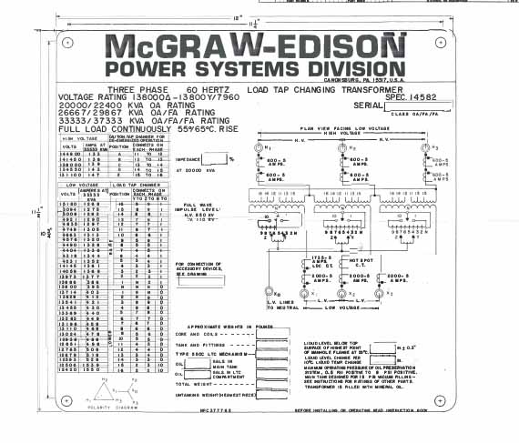 20/37 MVA, PRI 138000D, SEC 13800Y, MCGRAW-EDISON LOAD TAP CHANGING TRANSFORMER