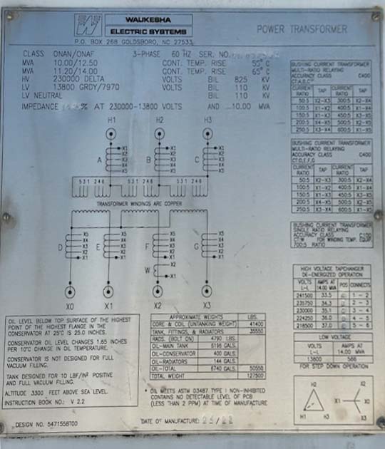 10000 KVA, Pri 230000 D, Sec 13800 GRDY, WAUKESHA SUBSTATION TRANSFORMER