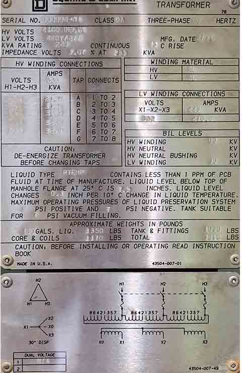 225 KVA, Pri 4160 D, Sec 480 Y, LF/RF SQUARE D PADMOUNT TRANSFORMER